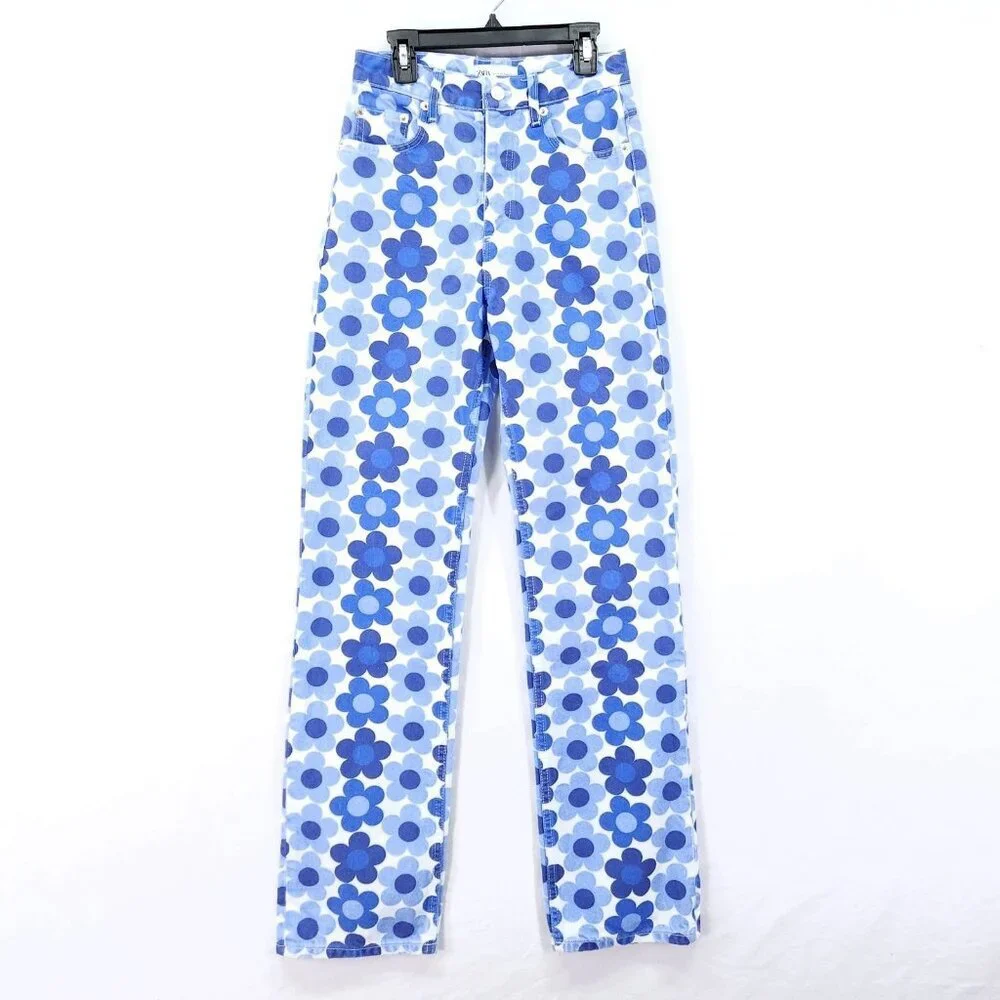 Zara Pants Womens 0 Blue 70's Floral Print Straight Leg Retro Button Fly Jeans
